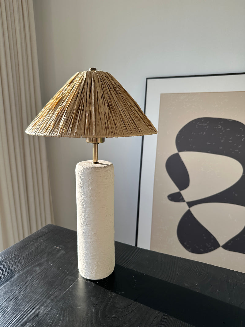 Annie White Unglazed Textured Ceramic Lamp with Raffia Shade