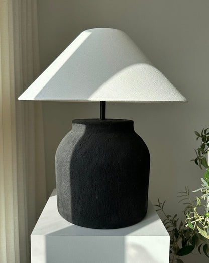 Black wabi sabi ceramic lamp with linen lampshade
