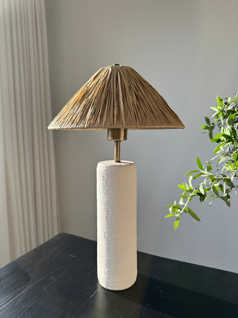 Annie White Unglazed Textured Ceramic Lamp with Raffia Shade