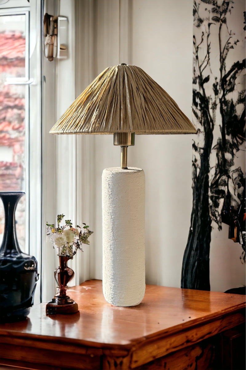Annie White Unglazed Textured Ceramic Lamp with Raffia Shade